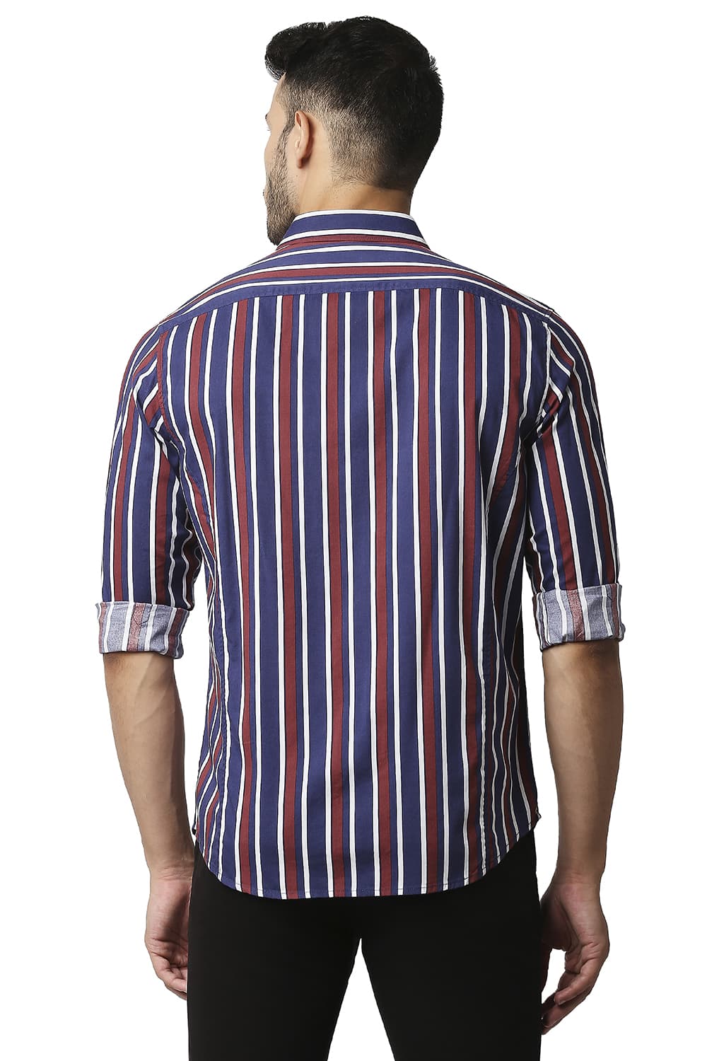 BASICS SLIM FIT COTTON VISCOSE PRINTED STRIPE SHIRT