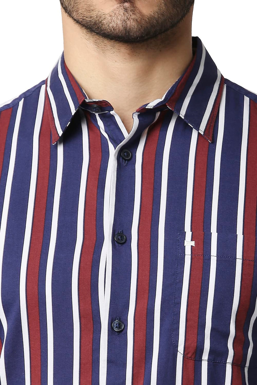 BASICS SLIM FIT BIKING RED COTTON VISCOSE PRINTED STRIPE SHIRT