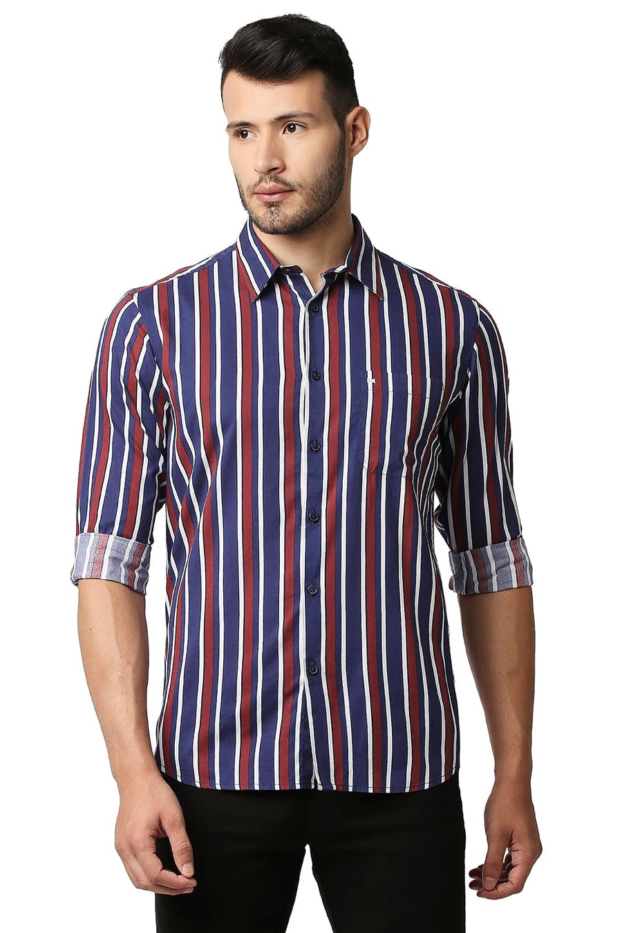BASICS SLIM FIT BIKING RED COTTON VISCOSE PRINTED STRIPE SHIRT