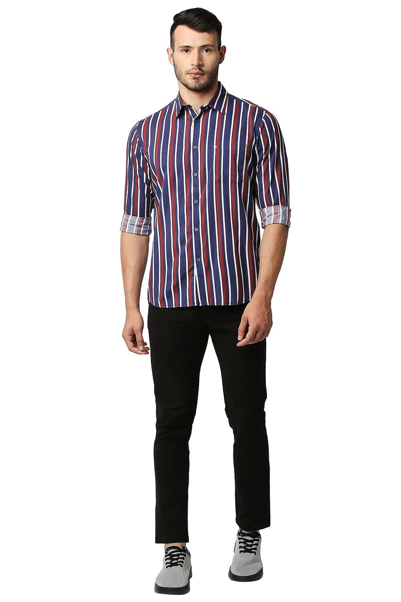 BASICS SLIM FIT COTTON VISCOSE PRINTED STRIPE SHIRT