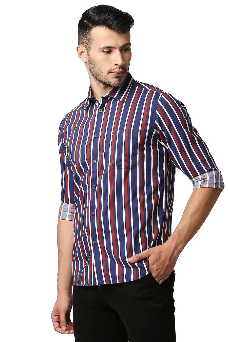 BASICS SLIM FIT BIKING RED COTTON VISCOSE PRINTED STRIPE SHIRT