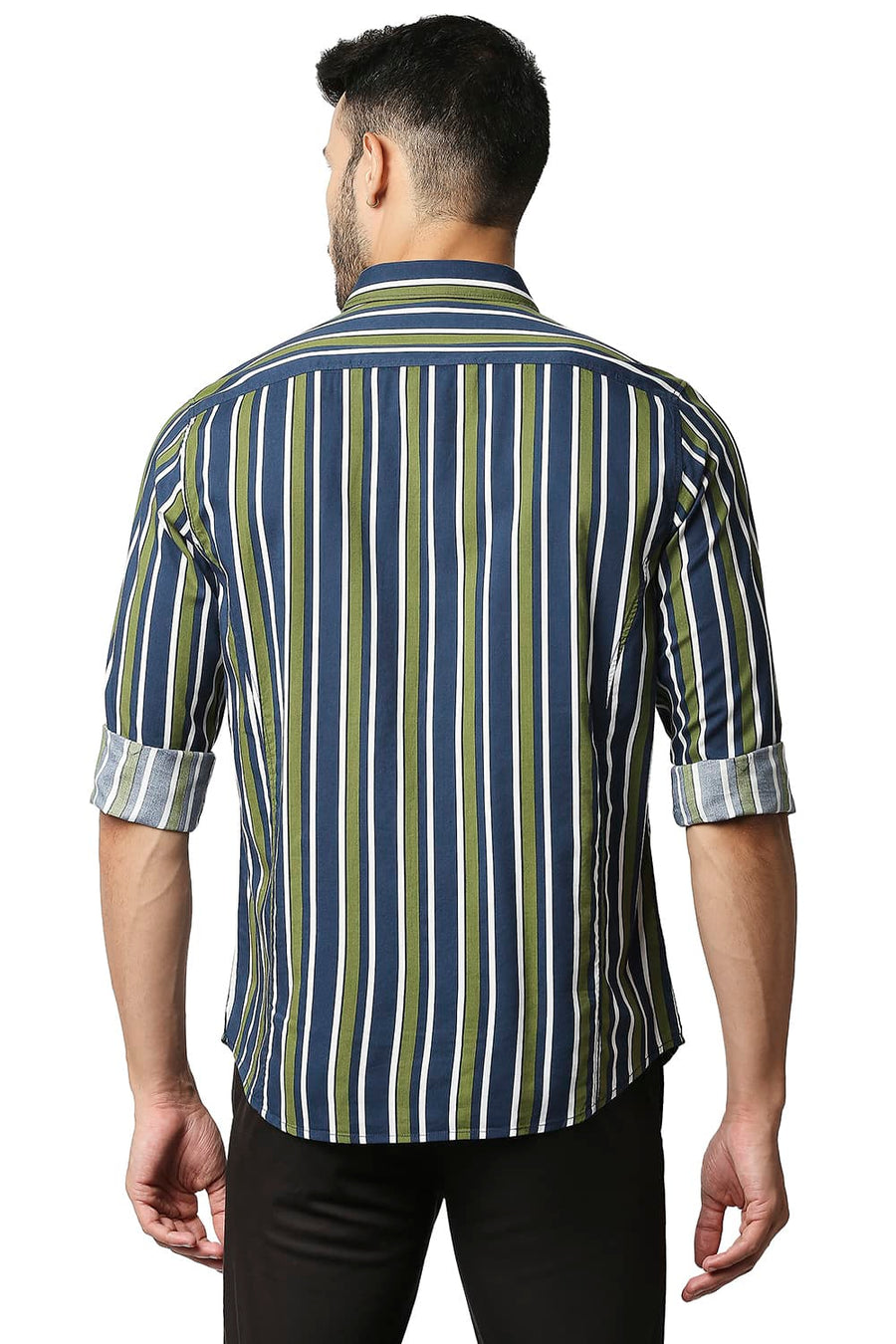 BASICS SLIM FIT GRASSHOPPER GREEN COTTON VISCOSE PRINTED STRIPE SHIRT