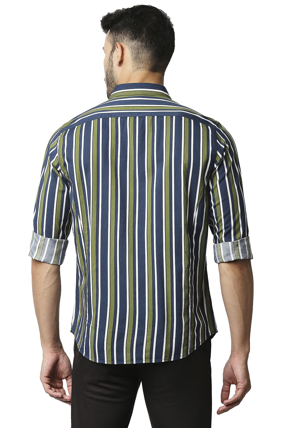 BASICS SLIM FIT COTTON VISCOSE PRINTED STRIPE SHIRT