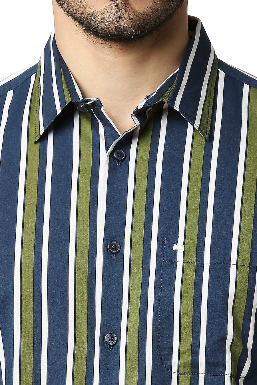 BASICS SLIM FIT GRASSHOPPER GREEN COTTON VISCOSE PRINTED STRIPE SHIRT