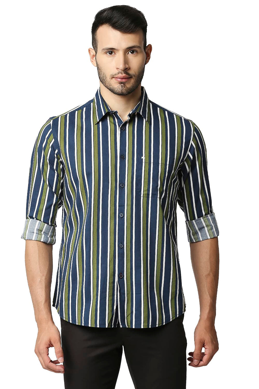 BASICS SLIM FIT GRASSHOPPER GREEN COTTON VISCOSE PRINTED STRIPE SHIRT
