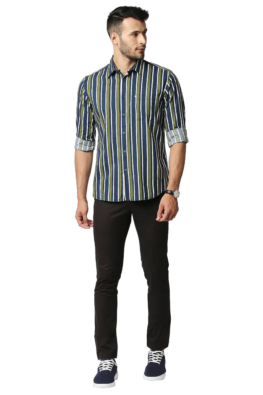 BASICS SLIM FIT GRASSHOPPER GREEN COTTON VISCOSE PRINTED STRIPE SHIRT