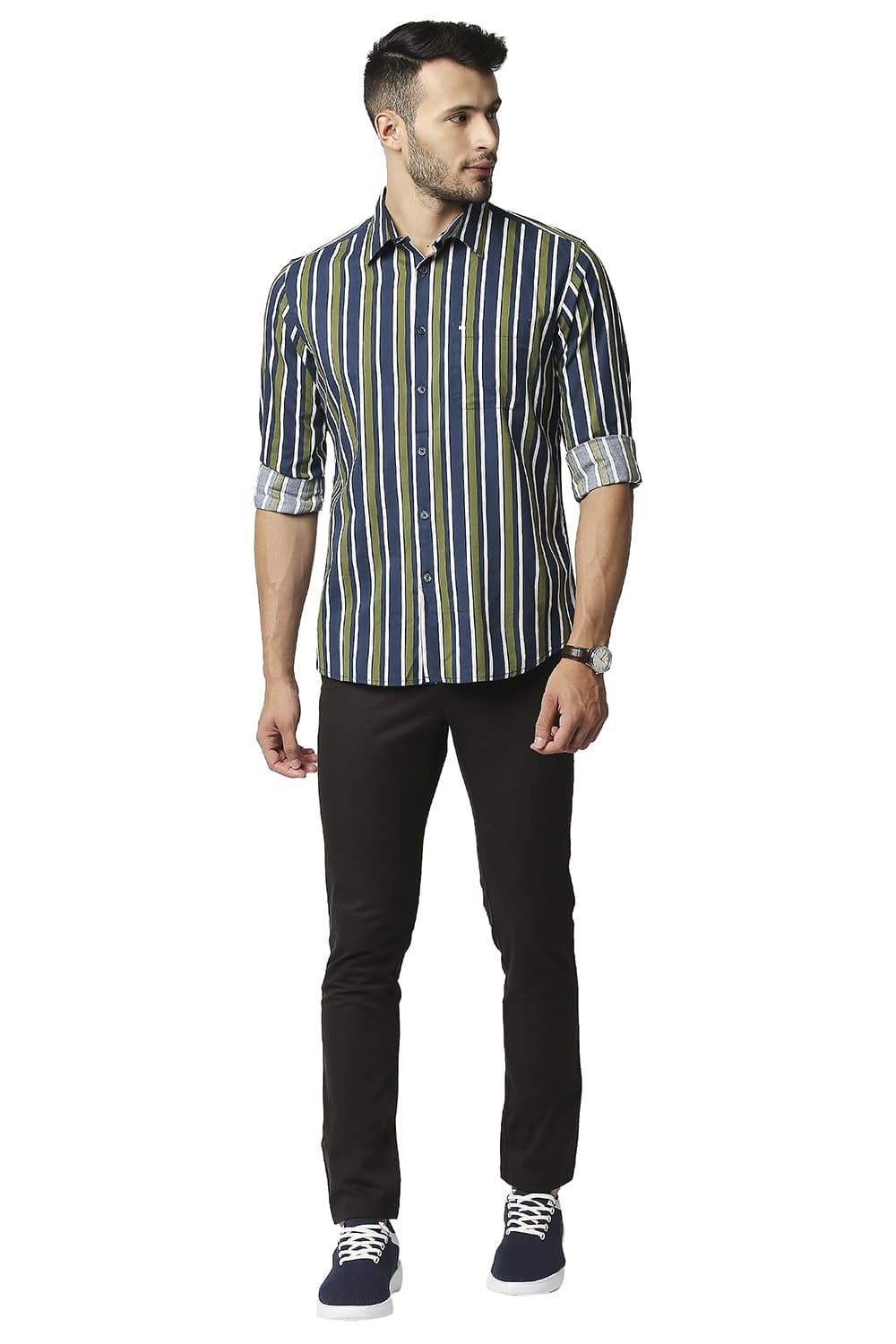 BASICS SLIM FIT COTTON VISCOSE PRINTED STRIPE SHIRT