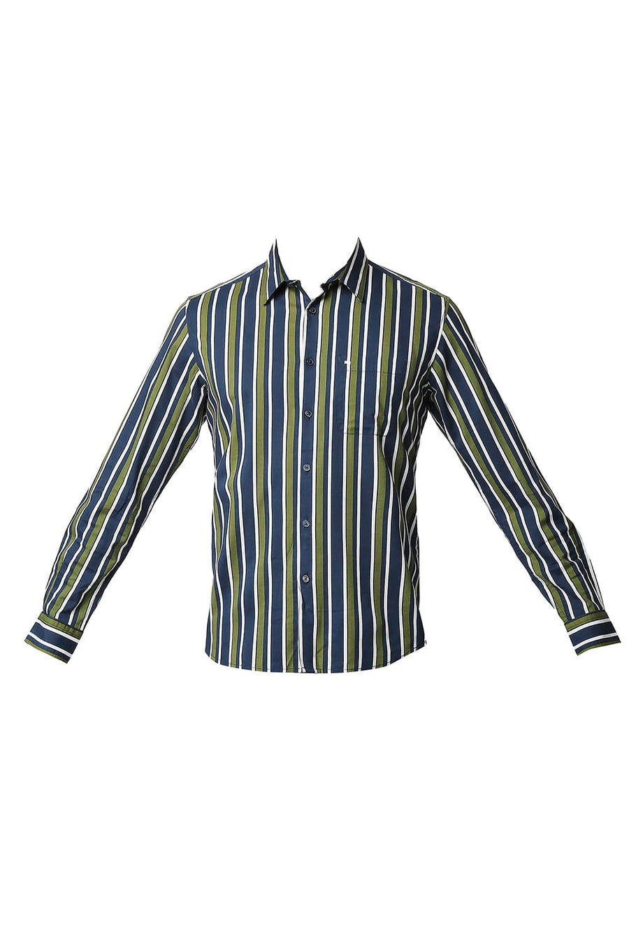 BASICS SLIM FIT GRASSHOPPER GREEN COTTON VISCOSE PRINTED STRIPE SHIRT