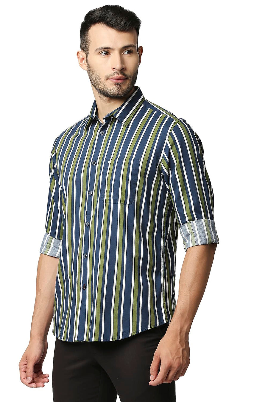 BASICS SLIM FIT GRASSHOPPER GREEN COTTON VISCOSE PRINTED STRIPE SHIRT