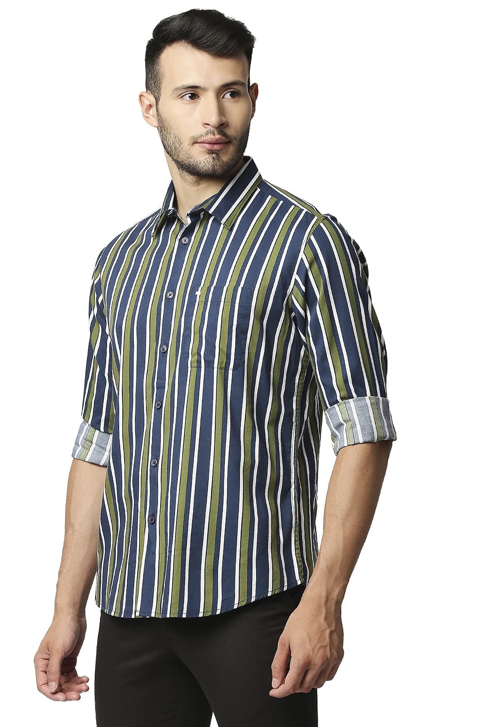 BASICS SLIM FIT COTTON VISCOSE PRINTED STRIPE SHIRT