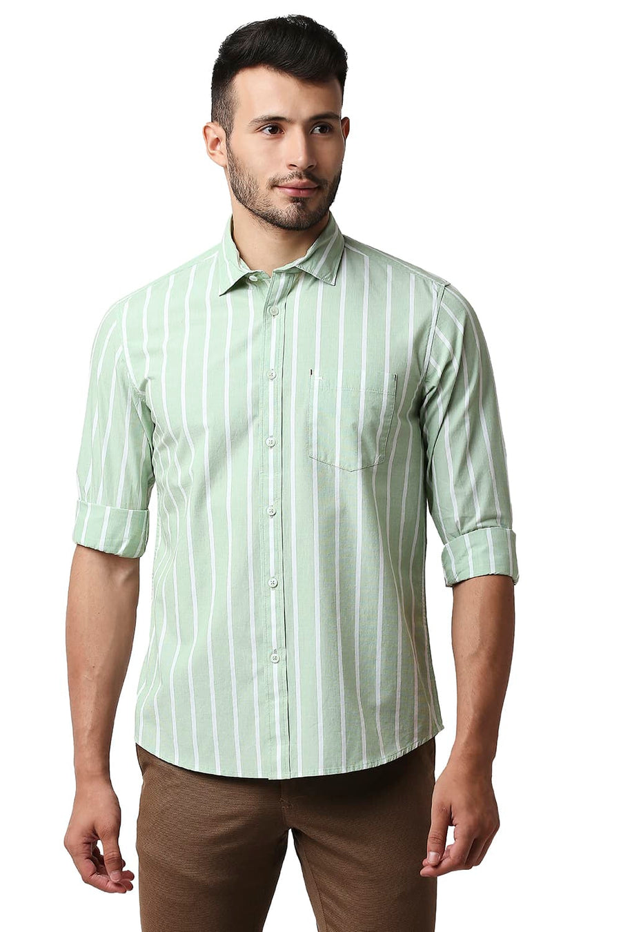 BASICS SLIM FIT SPRUCESTONE GREEN FIL-A-FIL STRIPE SHIRT