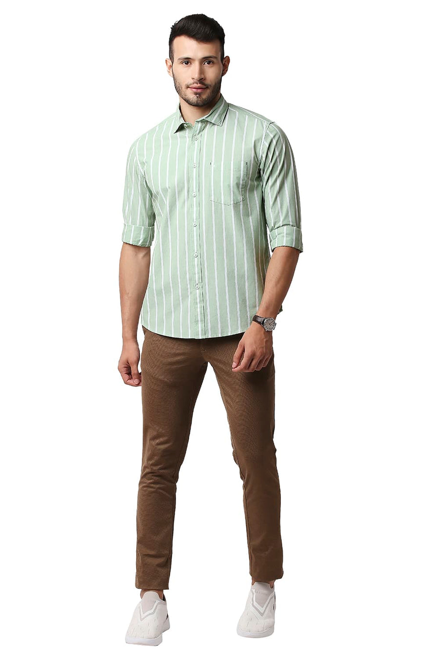 BASICS SLIM FIT SPRUCESTONE GREEN FIL-A-FIL STRIPE SHIRT