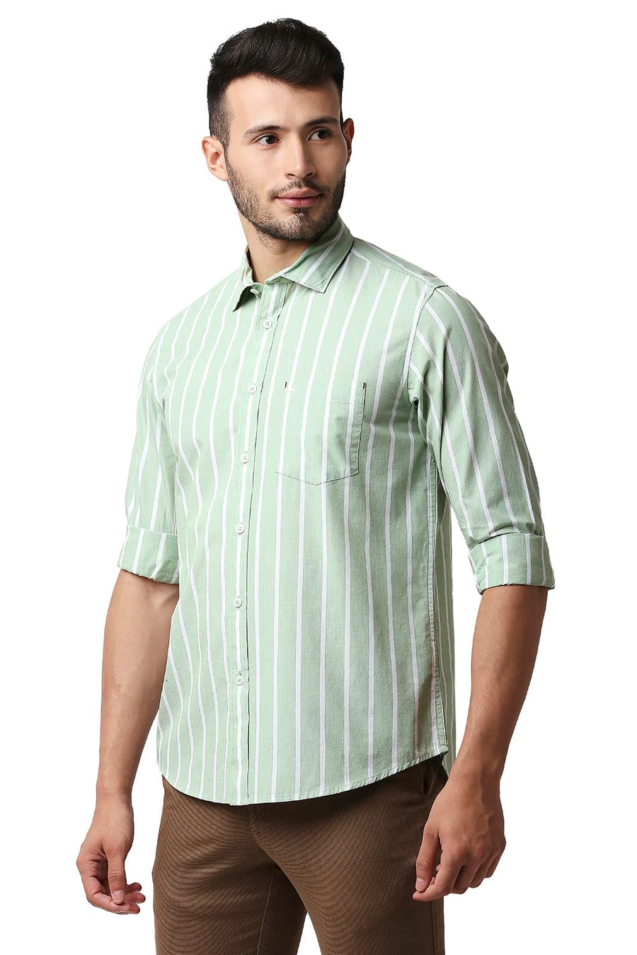 BASICS SLIM FIT SPRUCESTONE GREEN FIL-A-FIL STRIPE SHIRT