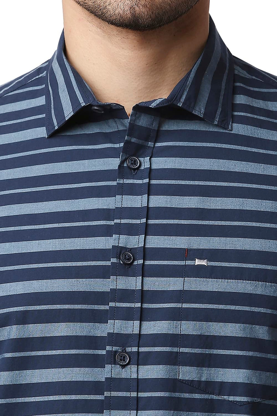 BASICS SLIM FIT DENIM BLUE WEFT STRIPE SHIRT