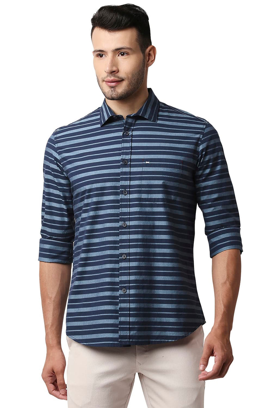 BASICS SLIM FIT DENIM BLUE WEFT STRIPE SHIRT