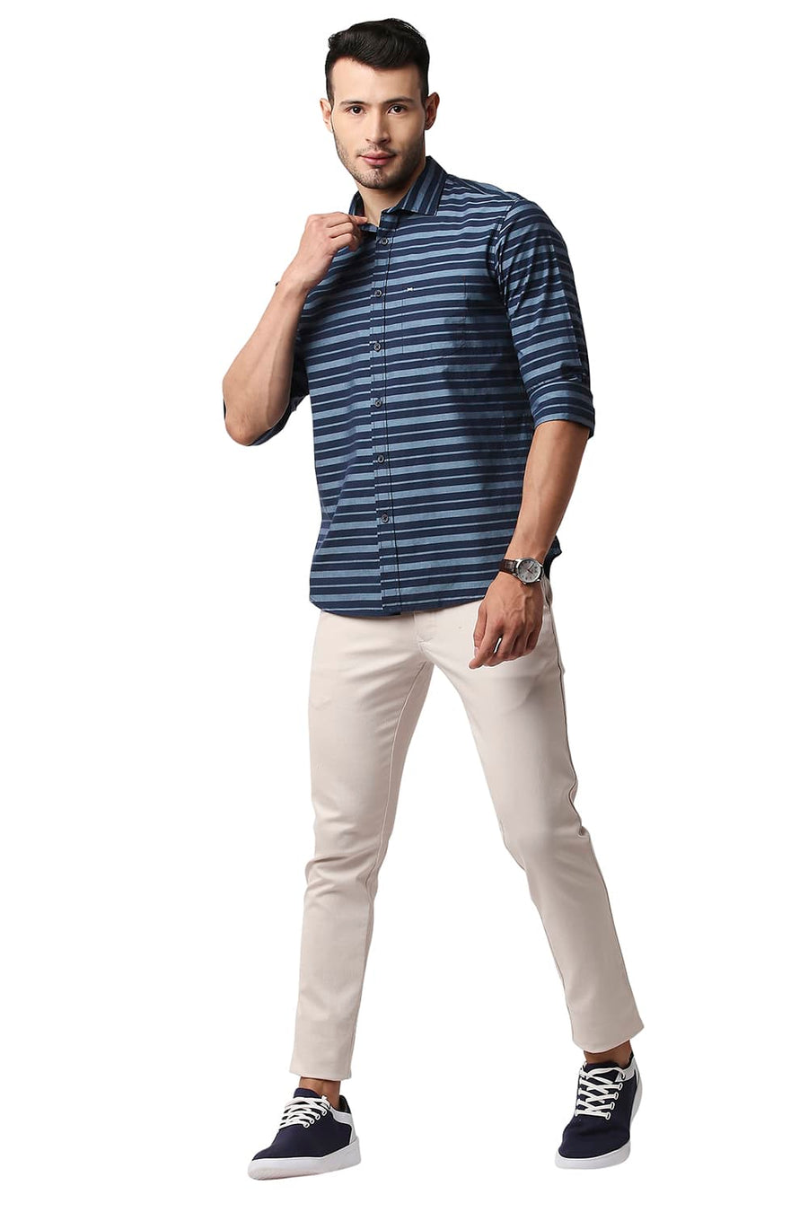 BASICS SLIM FIT DENIM BLUE WEFT STRIPE SHIRT