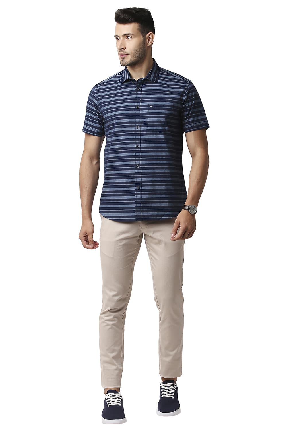 BASICS SLIM FIT WEFT STRIPE HALFSLEEVES SHIRT