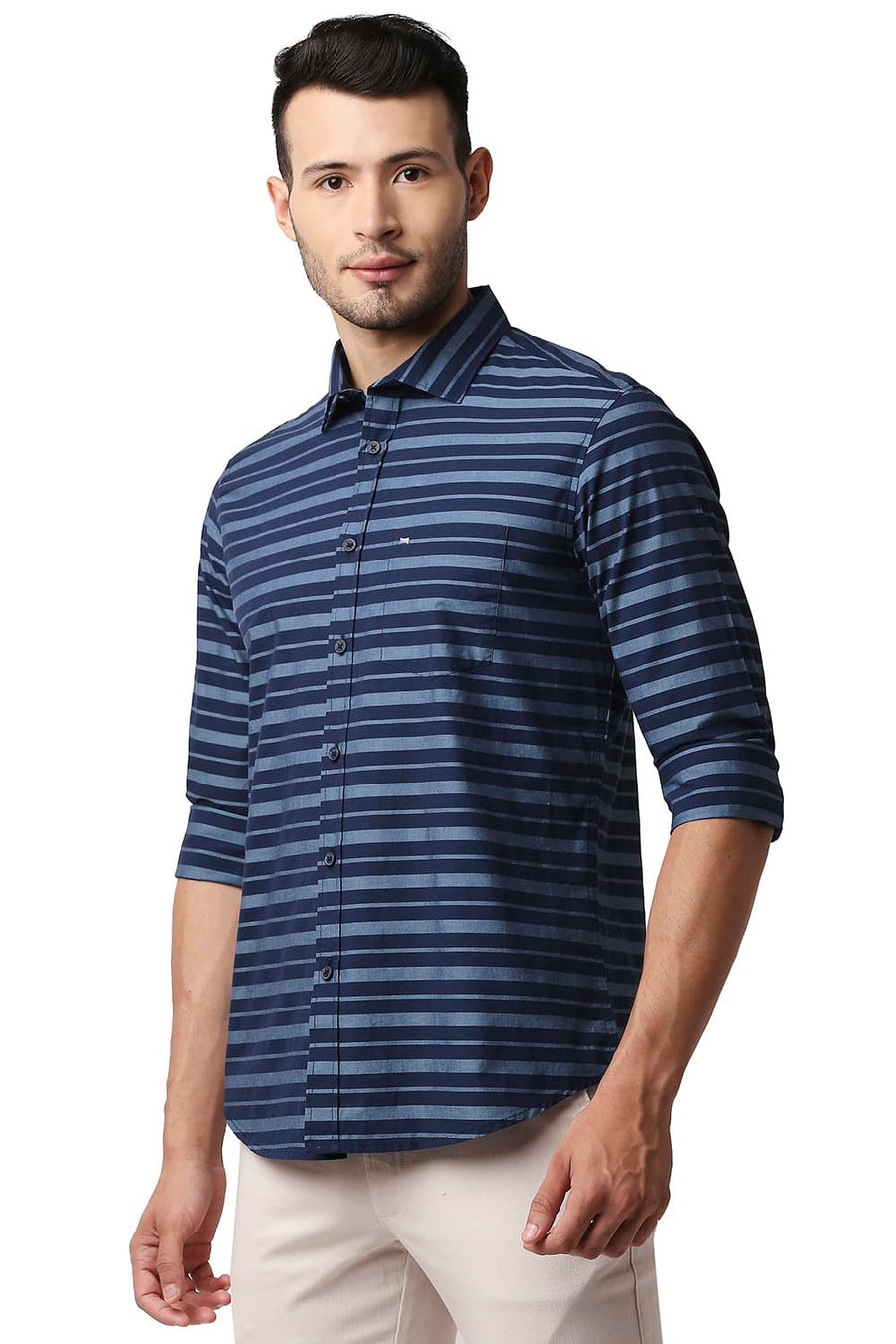 BASICS SLIM FIT DENIM BLUE WEFT STRIPE SHIRT