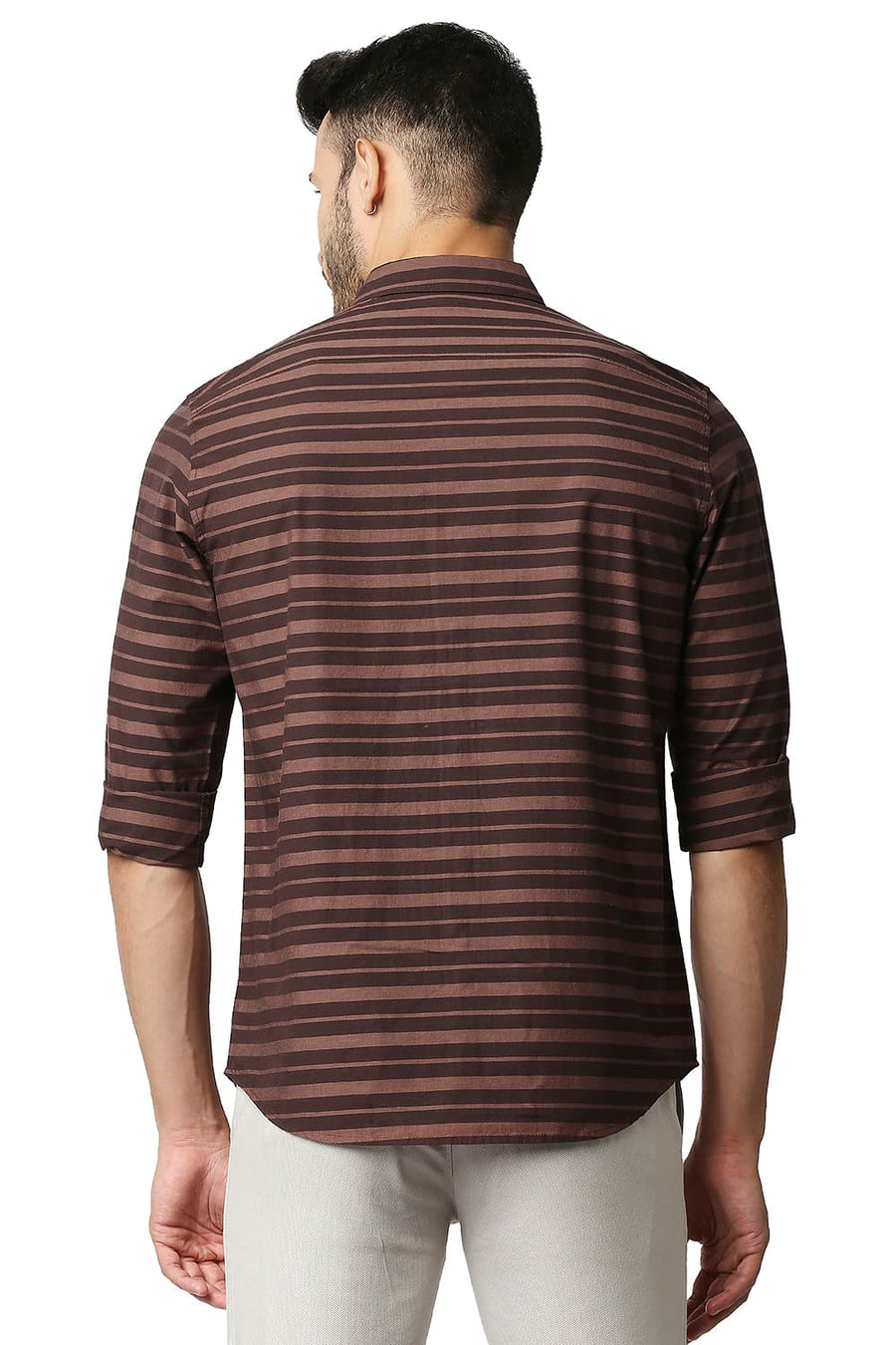 BASICS SLIM FIT FRENCH BROWN WEFT STRIPE SHIRT