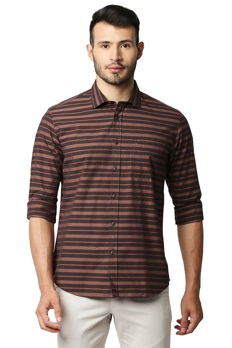 BASICS SLIM FIT FRENCH BROWN WEFT STRIPE SHIRT
