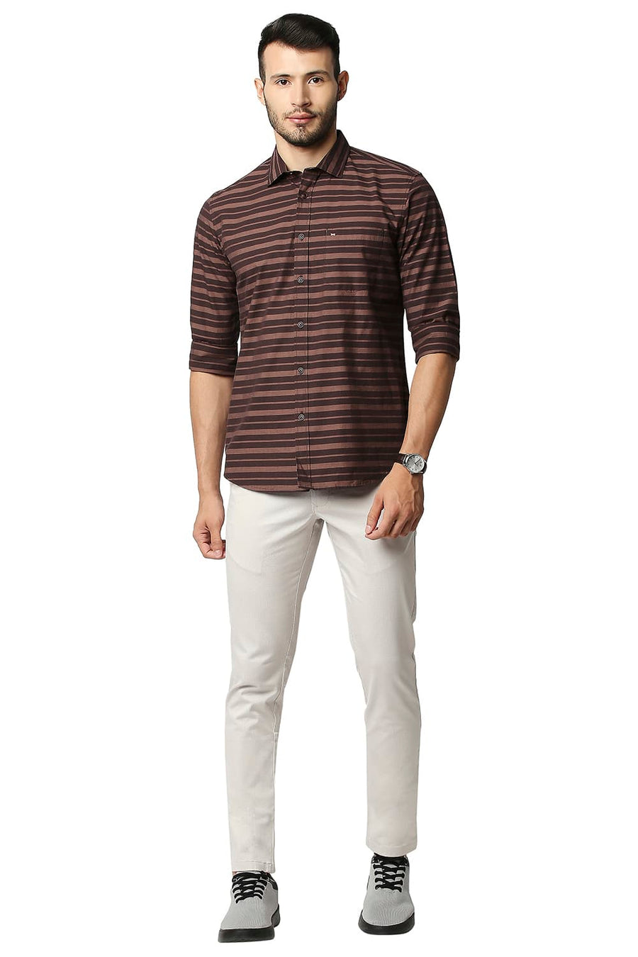 BASICS SLIM FIT FRENCH BROWN WEFT STRIPE SHIRT