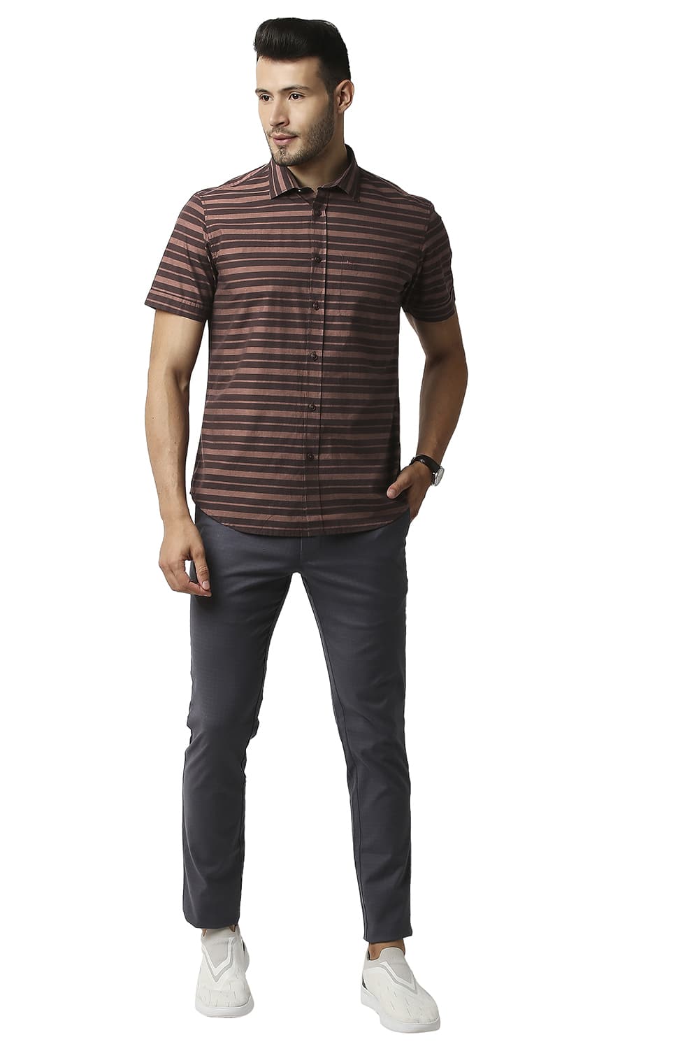 BASICS SLIM FIT WEFT STRIPE HALFSLEEVES SHIRT