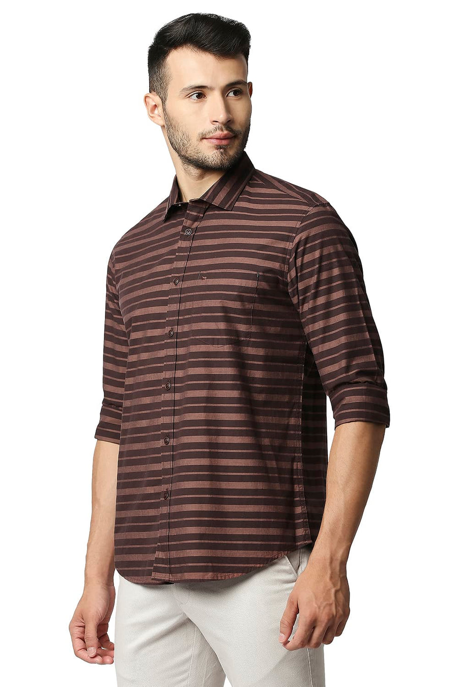 BASICS SLIM FIT FRENCH BROWN WEFT STRIPE SHIRT