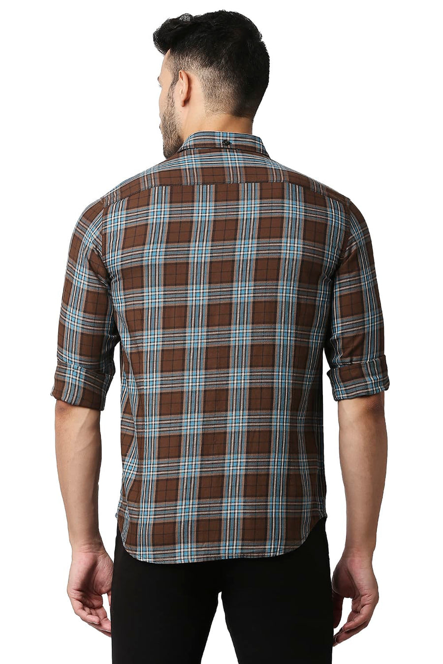 BASICS SLIM FIT COCOA BROWN TWILL CHECKS SHIRT