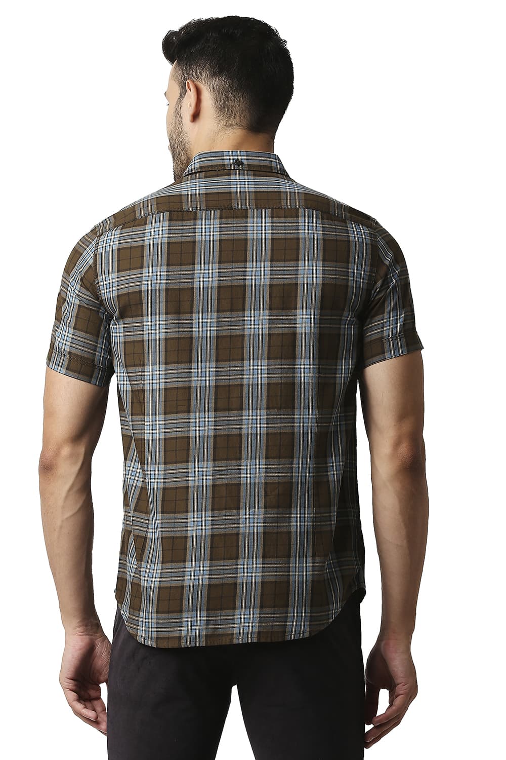 BASICS SLIM FIT TWILL CHECKS HALFSLEEVES SHIRT