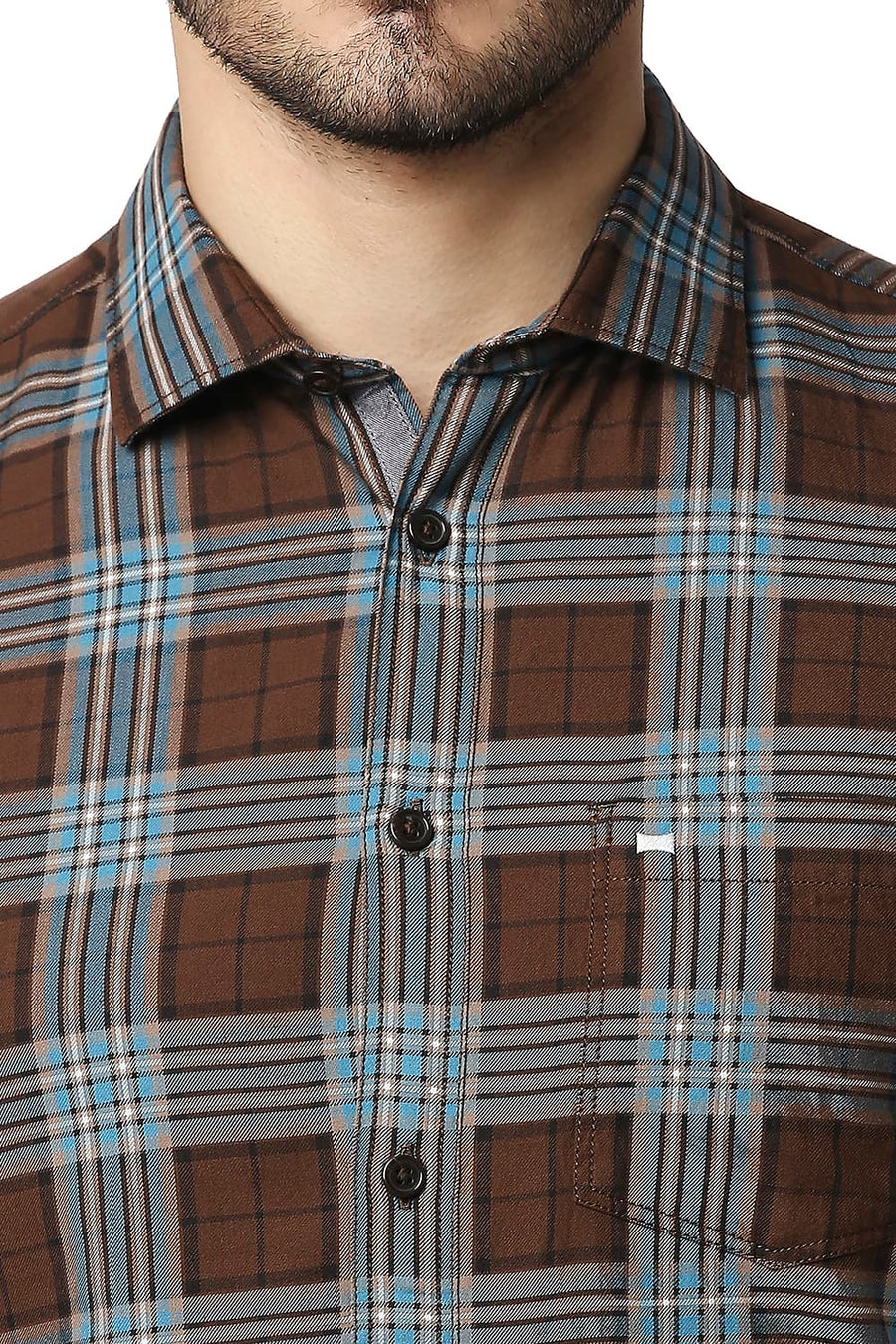 BASICS SLIM FIT COCOA BROWN TWILL CHECKS SHIRT