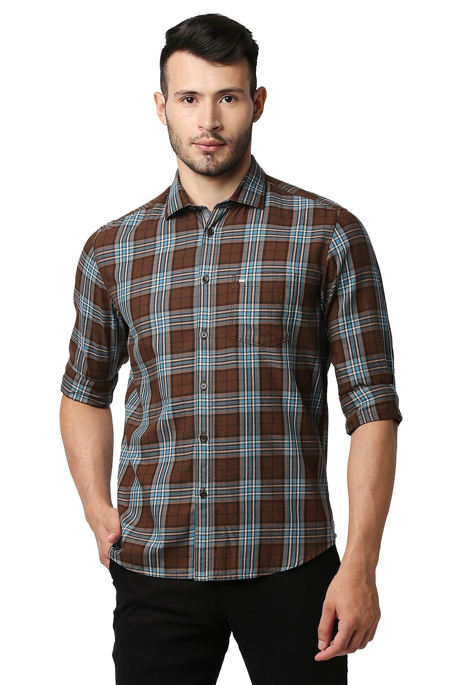 BASICS SLIM FIT COCOA BROWN TWILL CHECKS SHIRT