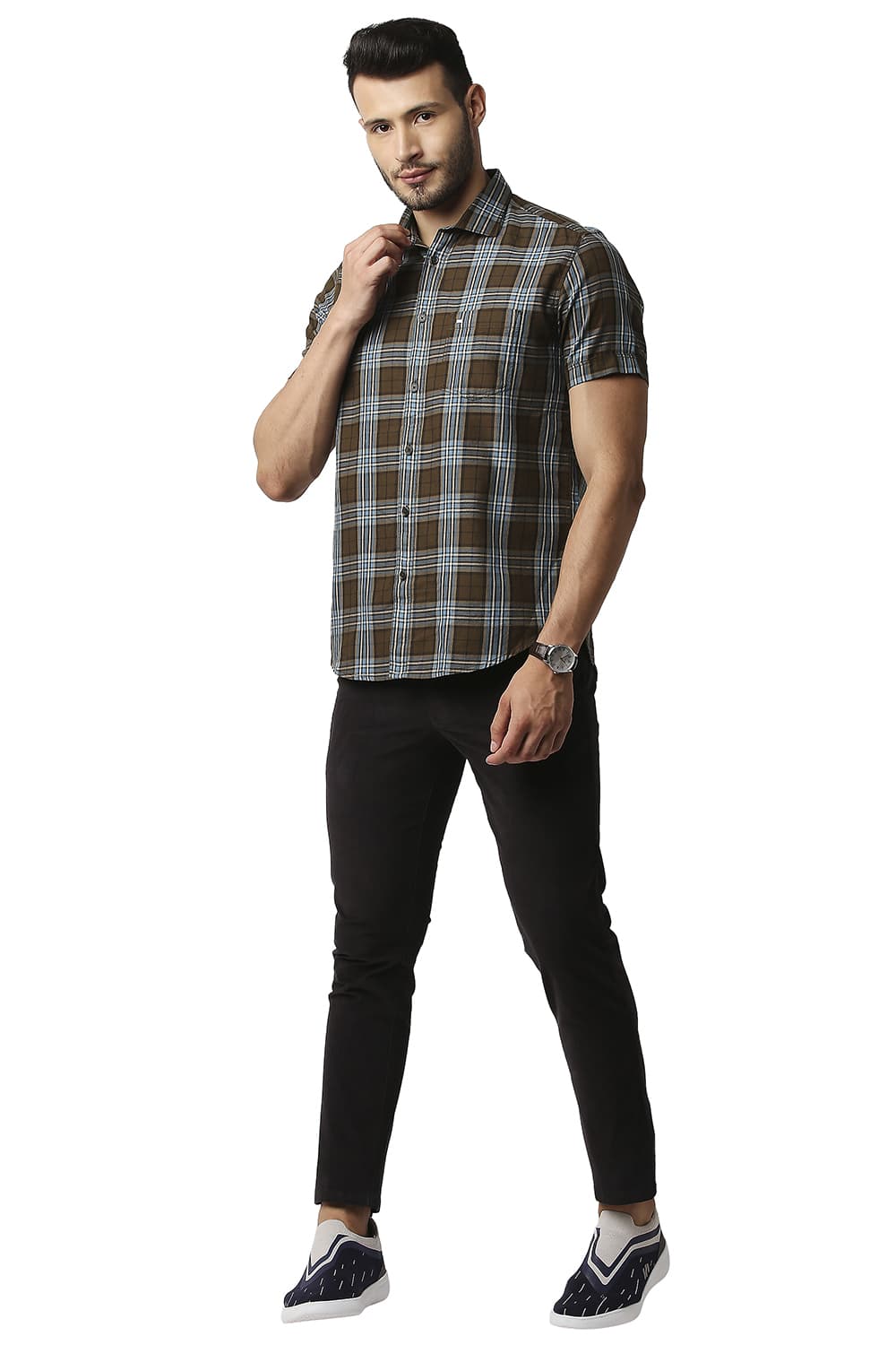 BASICS SLIM FIT TWILL CHECKS HALFSLEEVES SHIRT