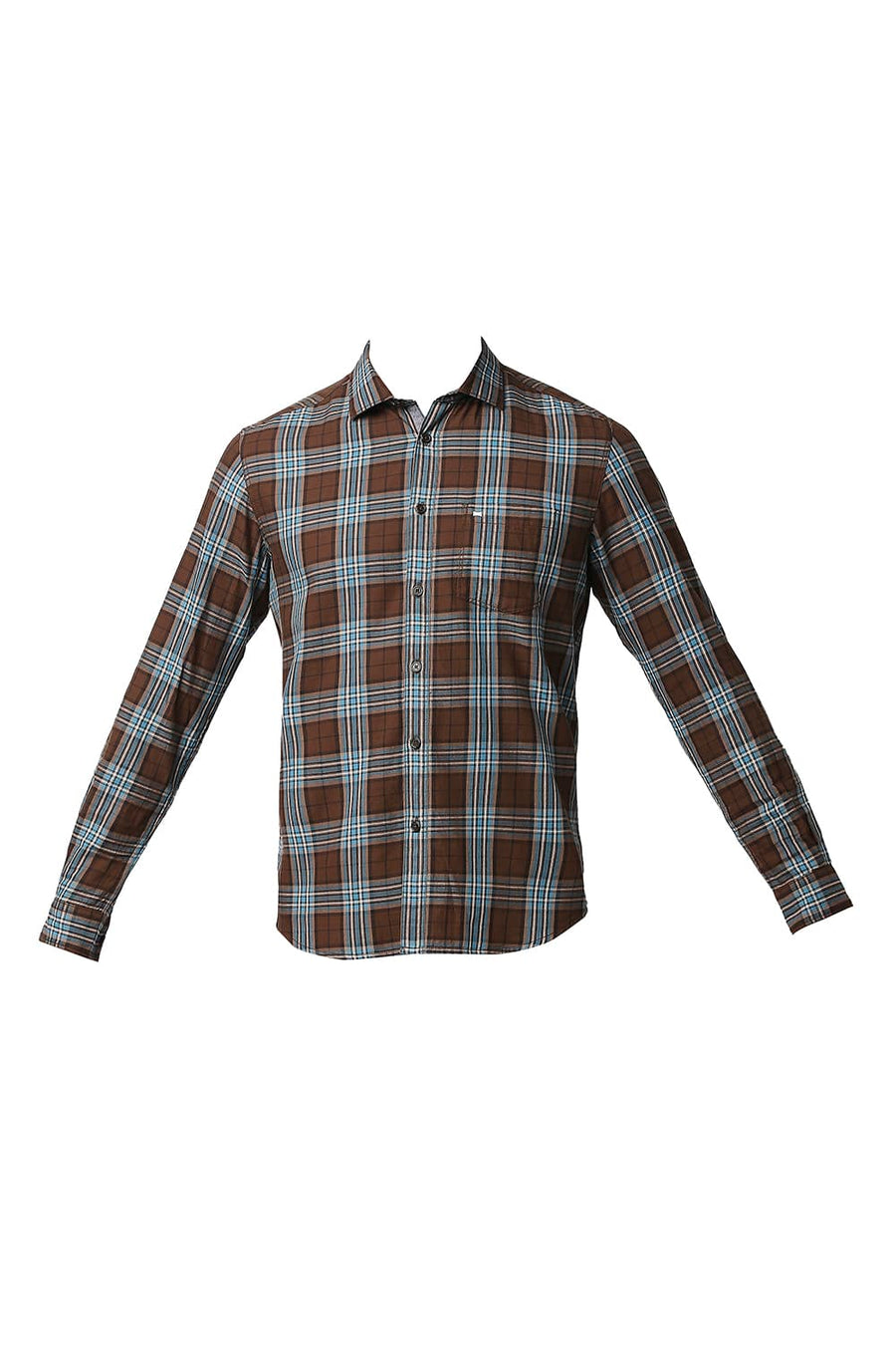 BASICS SLIM FIT COCOA BROWN TWILL CHECKS SHIRT