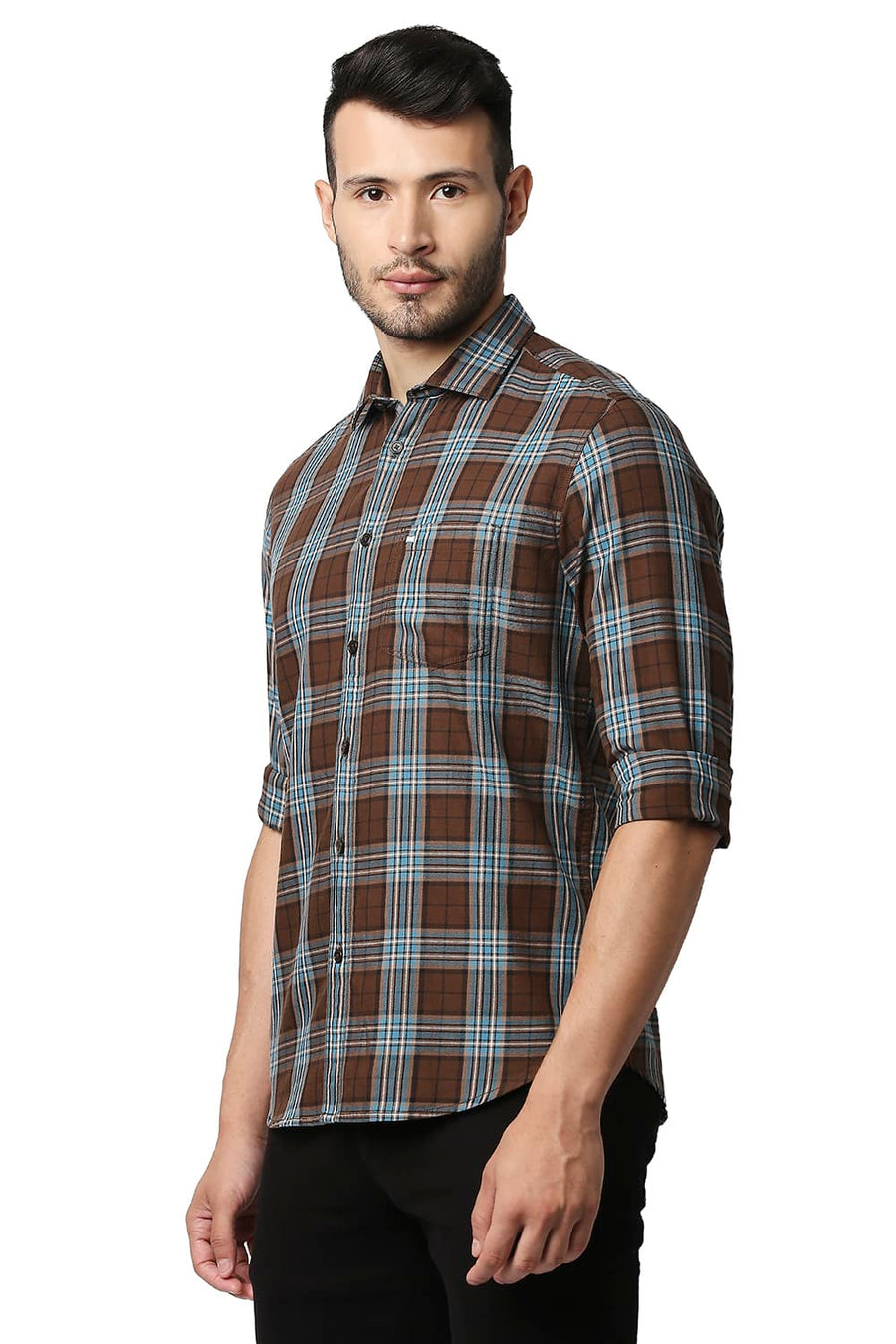 BASICS SLIM FIT COCOA BROWN TWILL CHECKS SHIRT