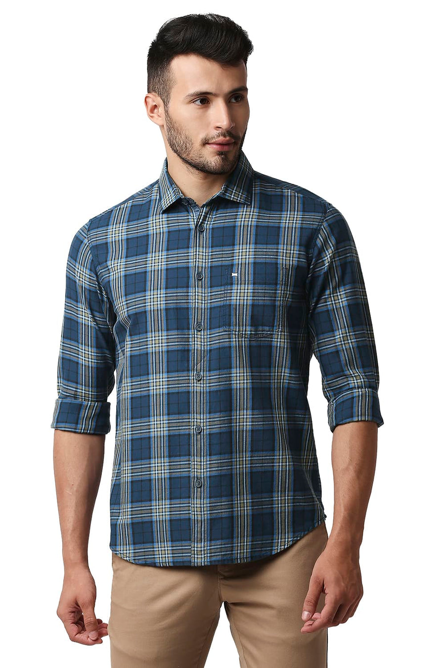 BASICS SLIM FIT LEGION BLUE TWILL CHECKS SHIRT