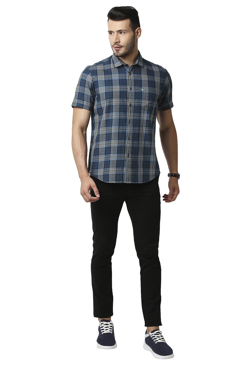 BASICS SLIM FIT TWILL CHECKS HALFSLEEVES SHIRT