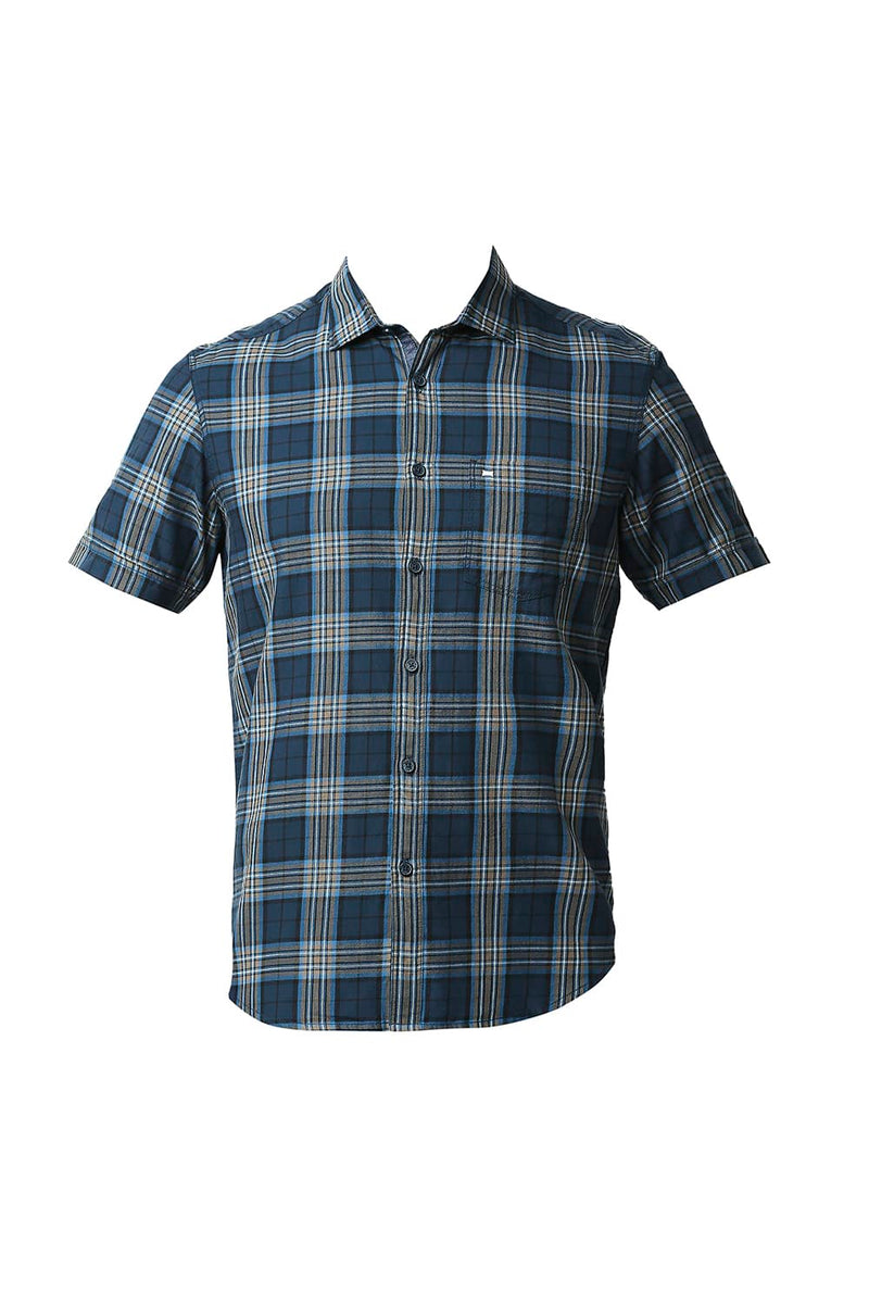 BASICS SLIM FIT TWILL CHECKS HALFSLEEVES SHIRT