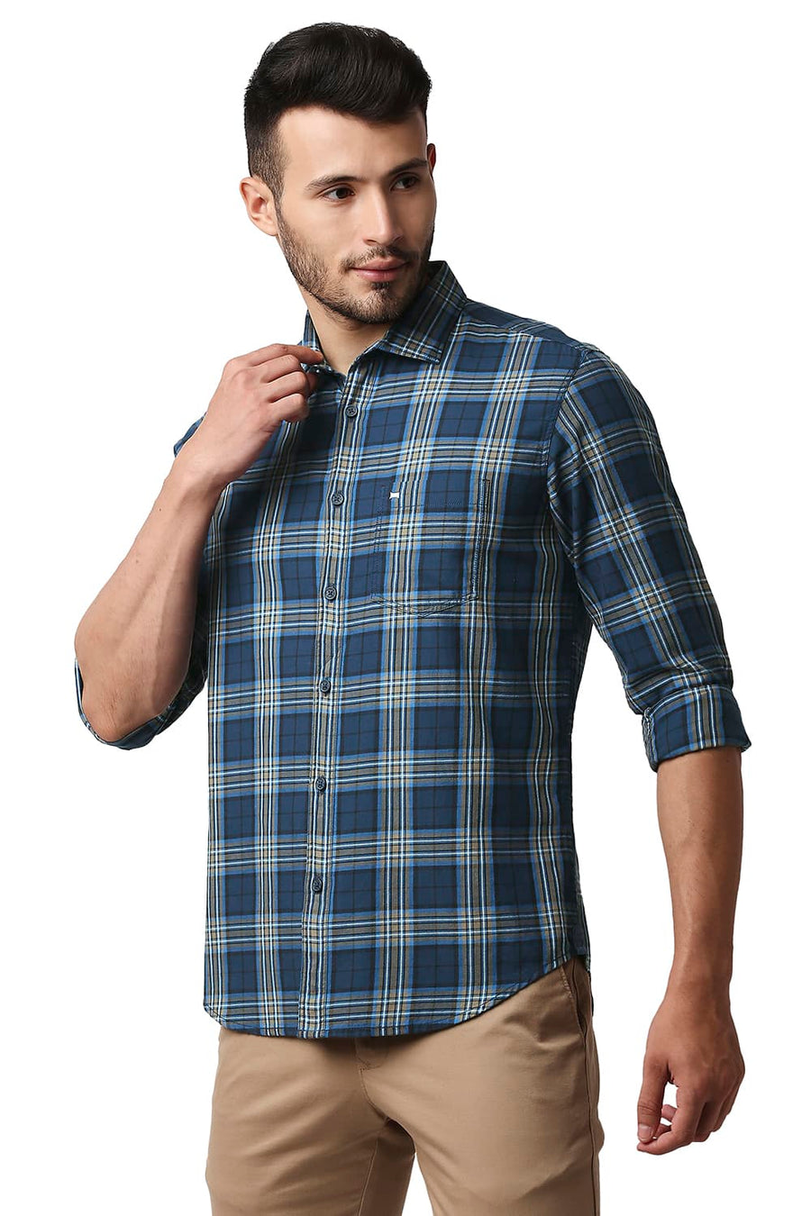 BASICS SLIM FIT LEGION BLUE TWILL CHECKS SHIRT