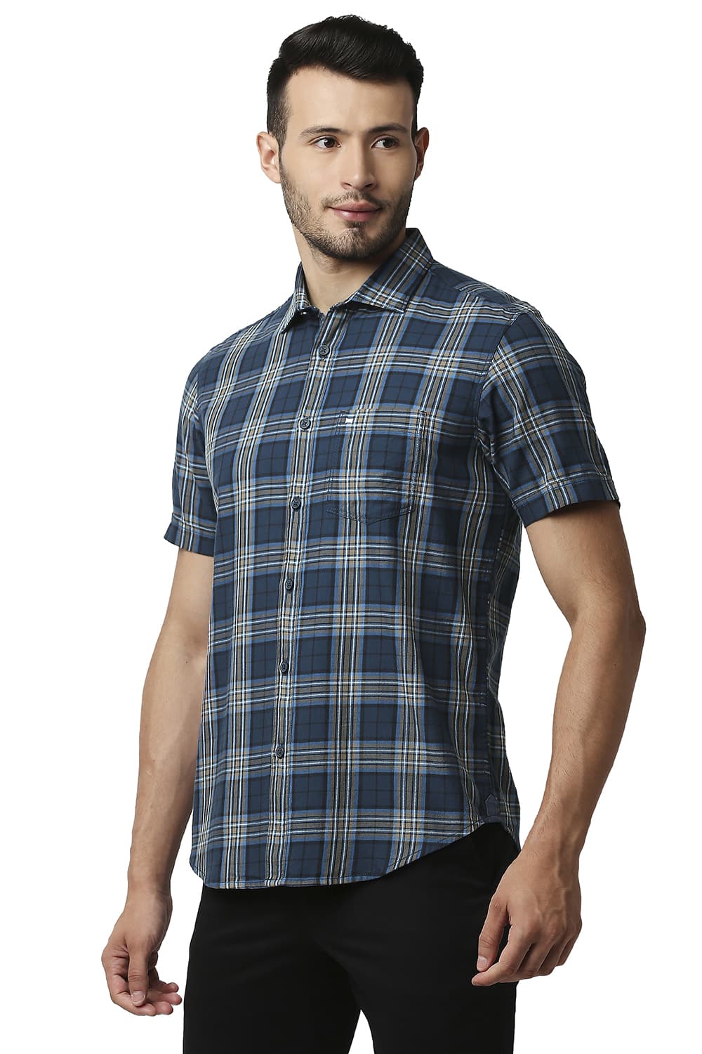 BASICS SLIM FIT TWILL CHECKS HALFSLEEVES SHIRT