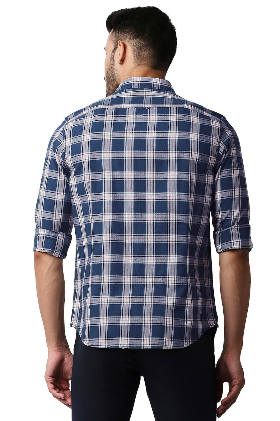 BASICS SLIM FIT MAJOLICA BLUE HERRING BONE TWILL CHECKS SHIRT
