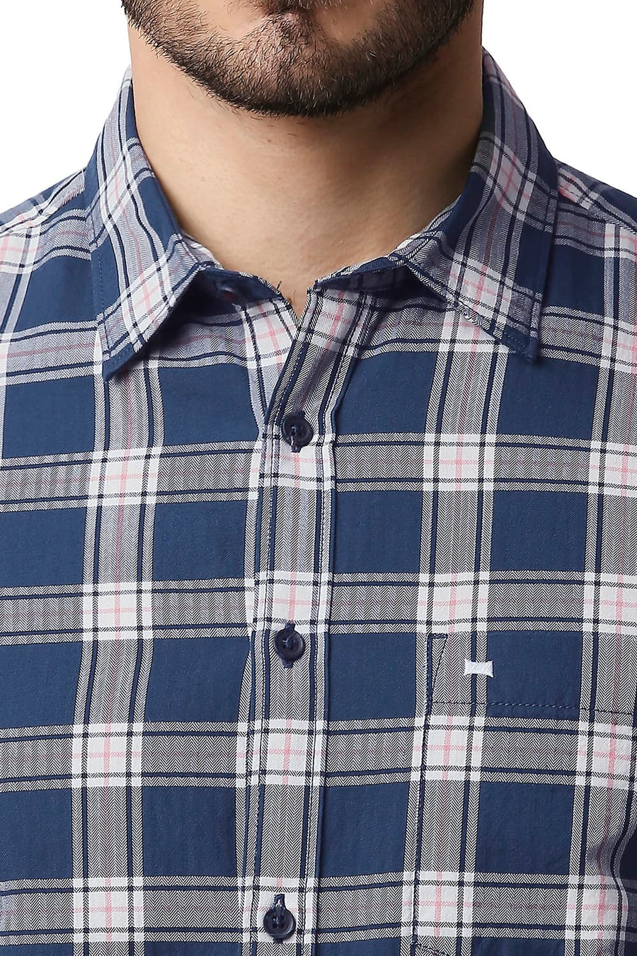 BASICS SLIM FIT MAJOLICA BLUE HERRING BONE TWILL CHECKS SHIRT