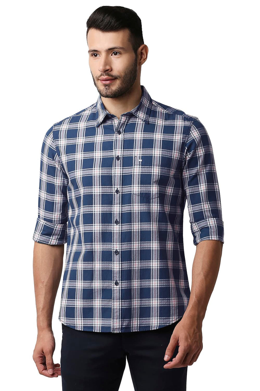 BASICS SLIM FIT MAJOLICA BLUE HERRING BONE TWILL CHECKS SHIRT