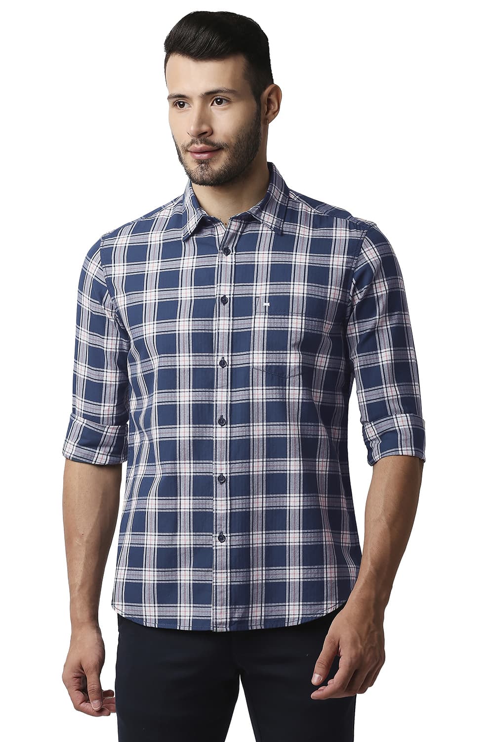 BASICS SLIM FIT HERRING BONE TWILL CHECKS SHIRT