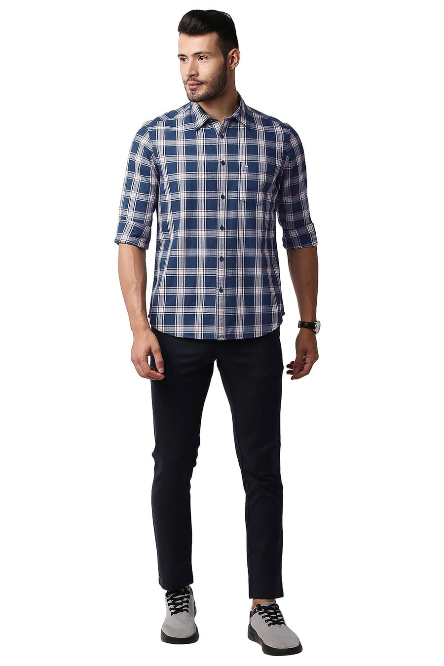 BASICS SLIM FIT MAJOLICA BLUE HERRING BONE TWILL CHECKS SHIRT