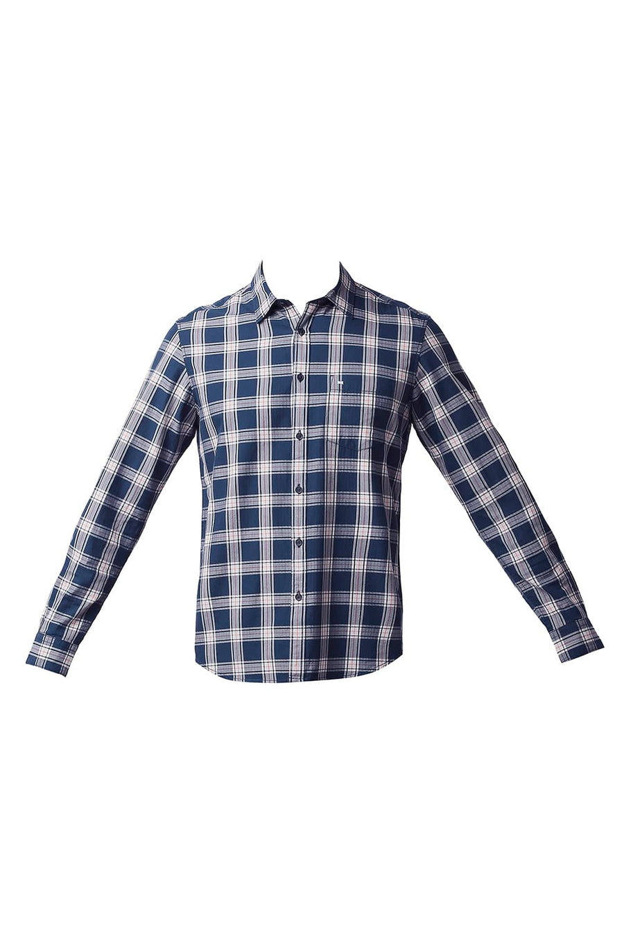 BASICS SLIM FIT MAJOLICA BLUE HERRING BONE TWILL CHECKS SHIRT