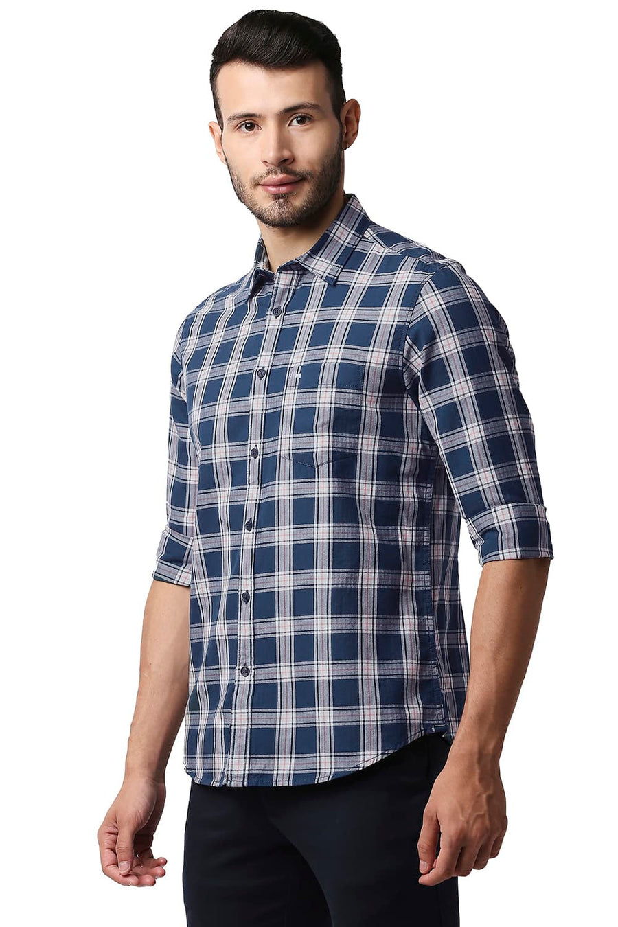 BASICS SLIM FIT MAJOLICA BLUE HERRING BONE TWILL CHECKS SHIRT