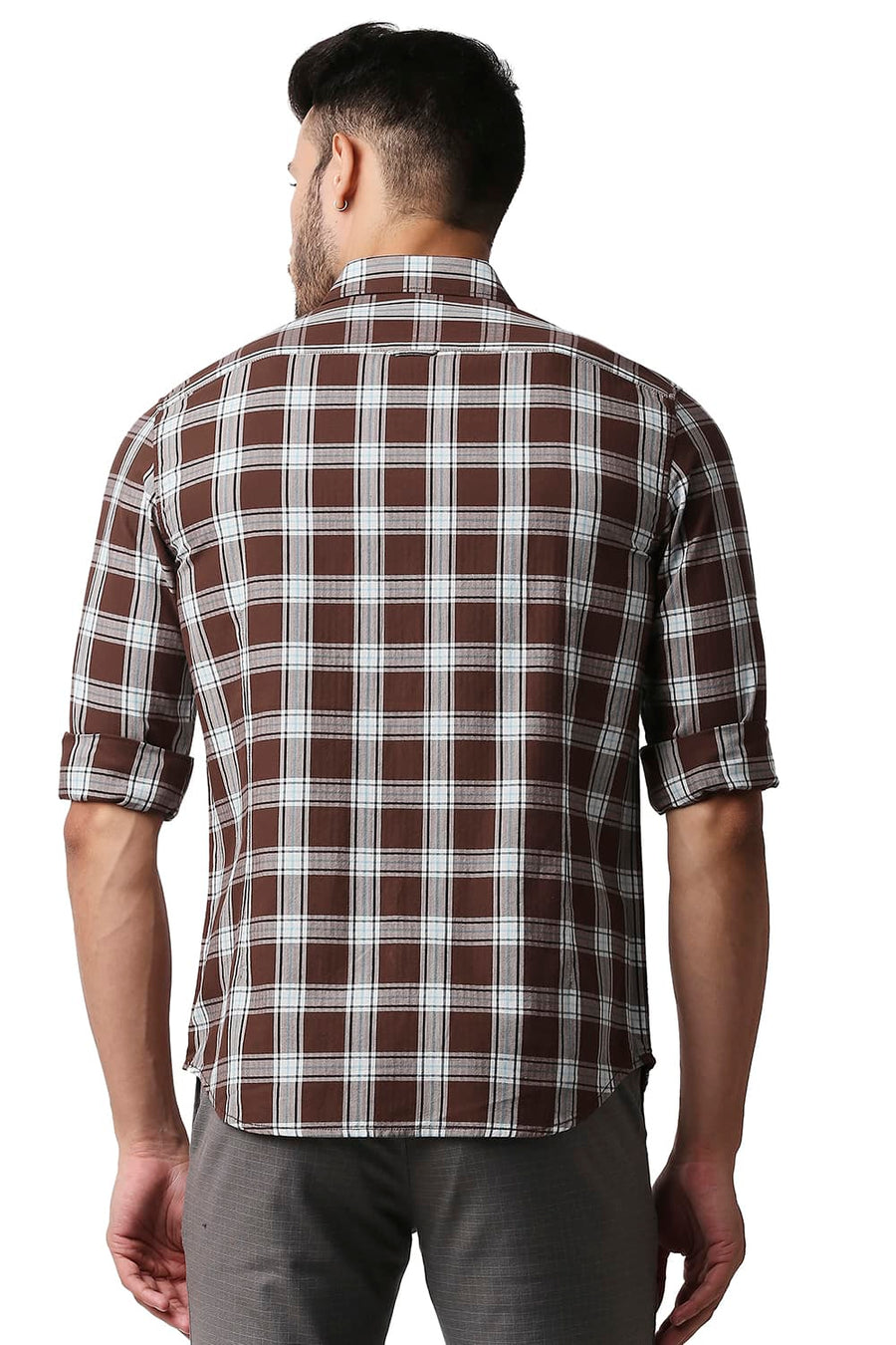BASICS SLIM FIT FRIAR BROWN HERRING BONE TWILL CHECKS SHIRT
