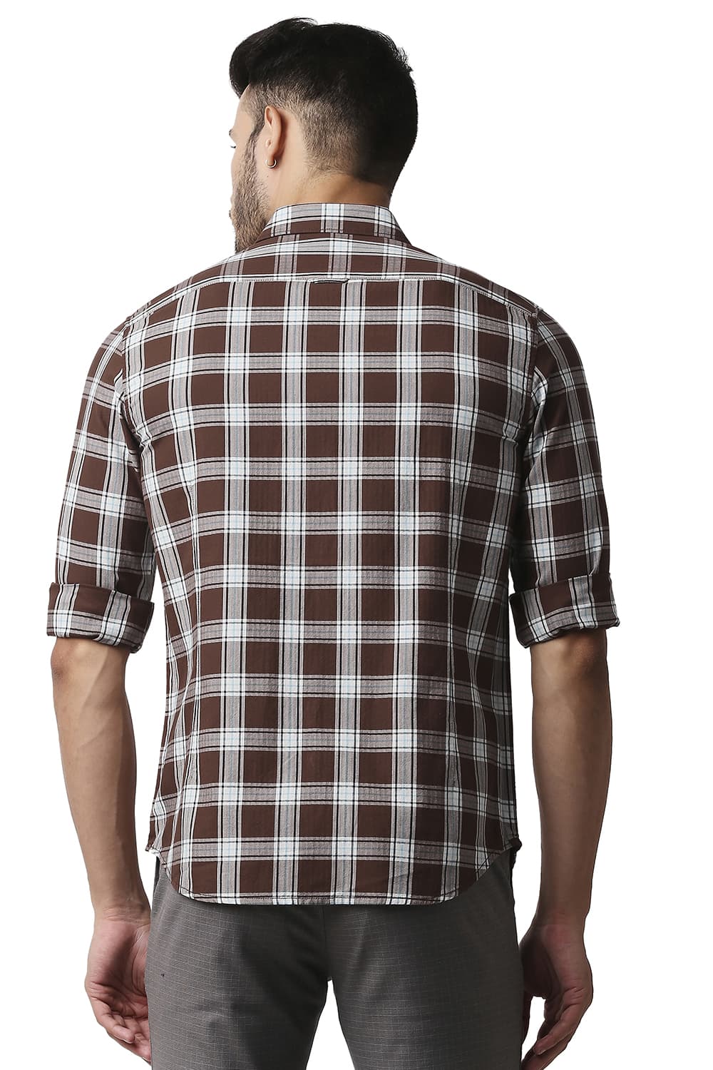 BASICS SLIM FIT HERRING BONE TWILL CHECKS SHIRT