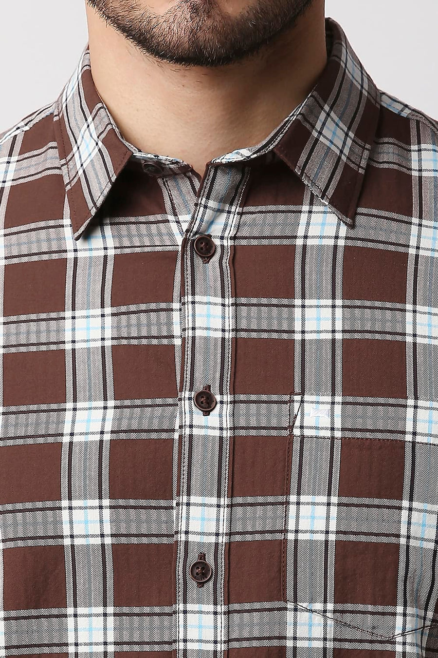 BASICS SLIM FIT FRIAR BROWN HERRING BONE TWILL CHECKS SHIRT