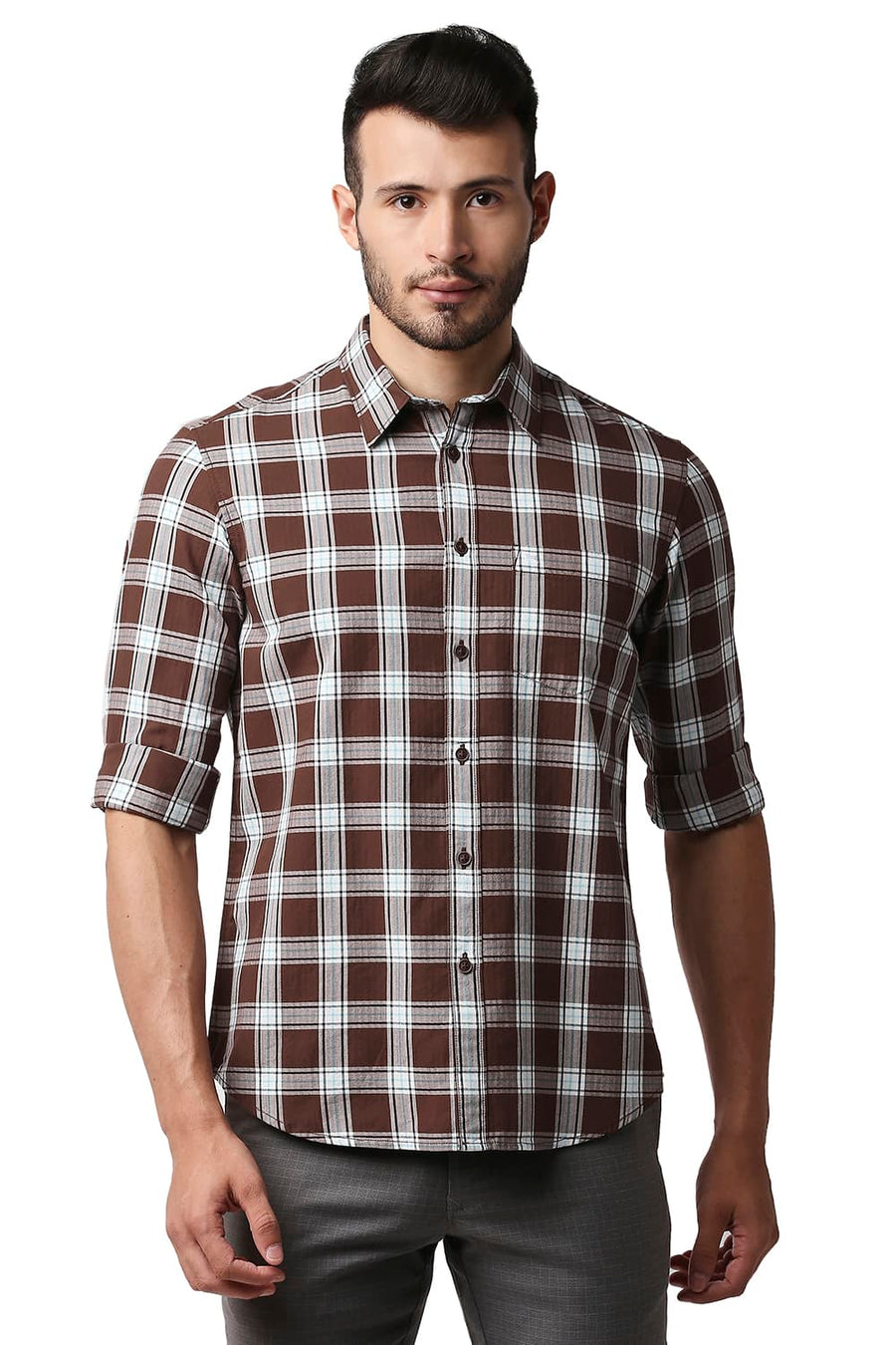 BASICS SLIM FIT FRIAR BROWN HERRING BONE TWILL CHECKS SHIRT